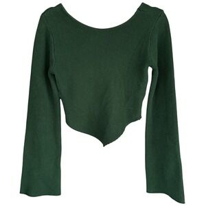 Y2K VTG BOBBLES & LACE Green Knit Long Sleeve‎ Cropped Tie Neck Sweater S